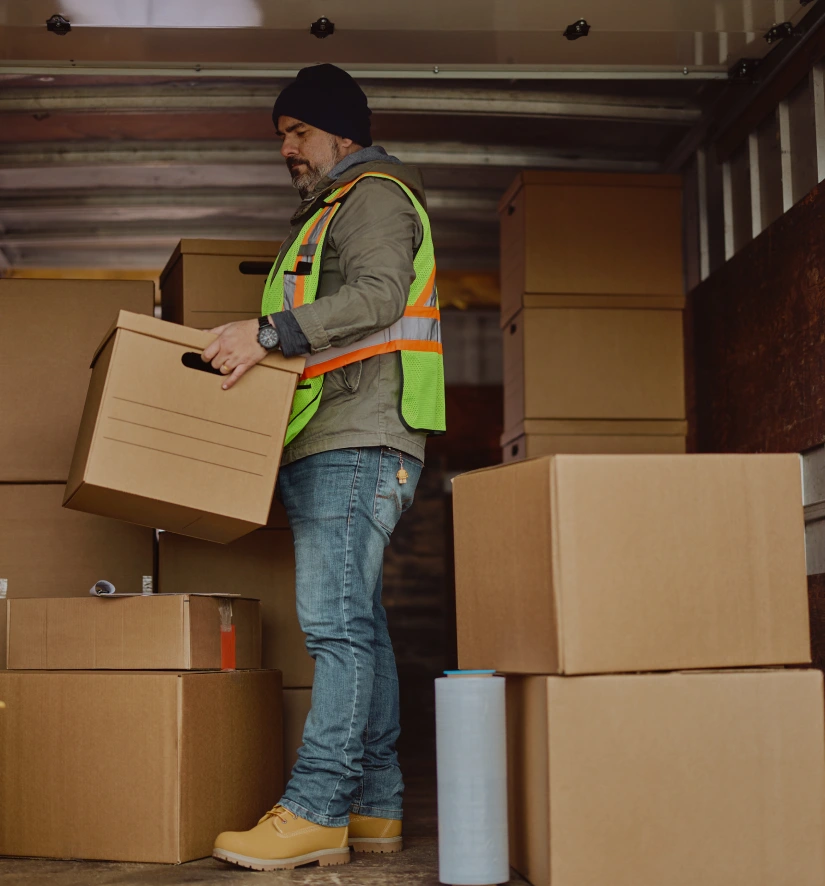 Man loading cardboard boxes into a semi truck representing TOP Worldwide LTL shipping solutions for cost-efficient freight transport.