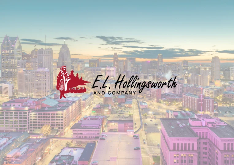 E. L. Hollingsworth logo over Detroit skyline, showing TOP Worldwide's commitment to providing local logistics services.