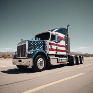 A TOP Worldwide truck with an American flag, representing the U.S. trucking industry and the potential impact of the Trump administration on freight and logistics policy.