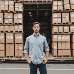 A TOP Worldwide freight broker standing in a warehouse surrounded by pallets of shipping boxes, illustrating the efficient logistics solutions and cost-saving strategies offered by freight brokers.