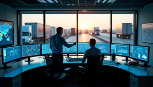 Two logistics professionals in a modern operations control room overlooking a shipping yard, emphasizing advanced freight technology solutions from TOP Worldwide.