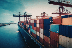 Cargo containers stacked on a ship near a major US seaport