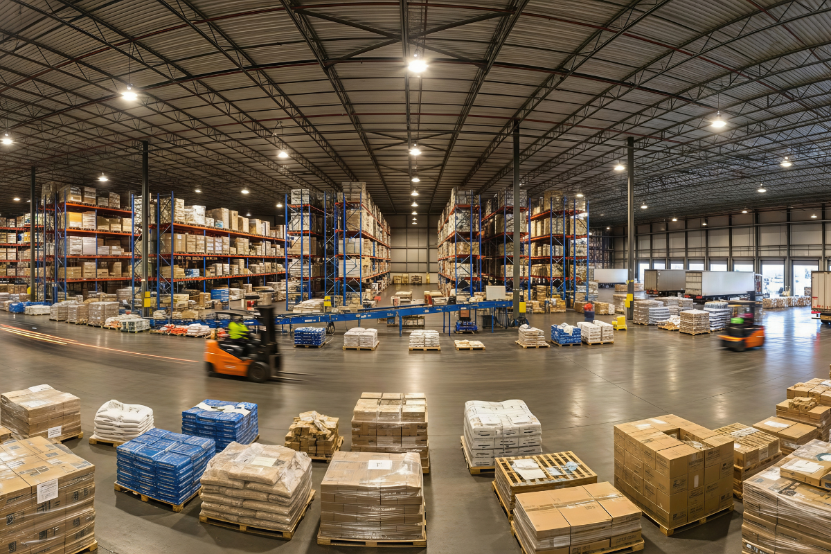 Warehouse cross-docking process with pallets moving quickly between dock doors for faster fulfillment